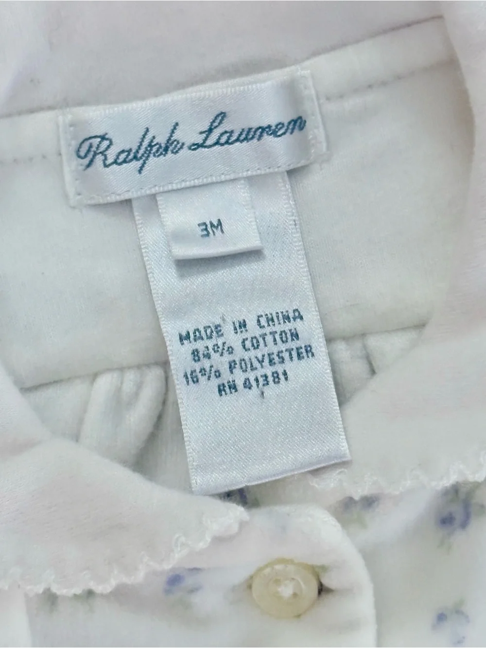 Ralph Lauren Baby Girls 3M Blue Floral Button Down Velour Dress Peter Pan Collar